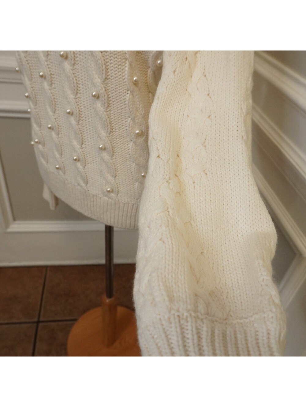 Soho New York & Company Cream Off-Shoulder Cable Knit Sweater with Pearls, SizeS - Picture 3 of 4